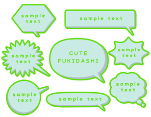 影のある立体的な色々な形のフキダシのセット（青・灰色・緑）＊PNGデータは文字は入っていません。