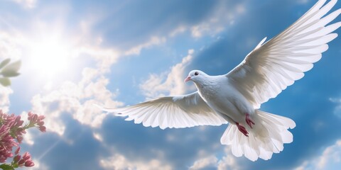 Fototapeta premium International Peace Day, White Dove Flying on Blue Sky Background, Bird of Peace Symbol. Generative Ai
