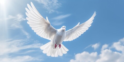 Obraz premium International Peace Day, White Dove Flying on Blue Sky Background, Bird of Peace Symbol. Generative Ai
