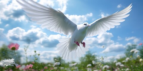 Obraz premium International Peace Day, White Dove Flying on Blue Sky Background, Bird of Peace Symbol. Generative Ai