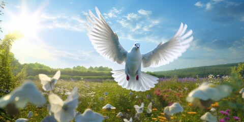 Obraz premium International Peace Day, White Dove Flying on Blue Sky Background, Bird of Peace Symbol. Generative Ai