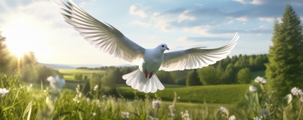 International Peace Day, White Dove Flying on Blue Sky Background, Bird of Peace Symbol. Generative Ai