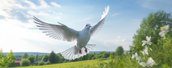 Fototapeta premium International Peace Day, White Dove Flying on Blue Sky Background, Bird of Peace Symbol. Generative Ai