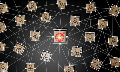 Red dartboard and red arrow connection linkage with human icon for customer focus target group and...