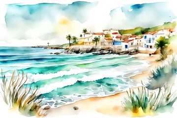 tropical island in the ocean, sea side town in aquarella