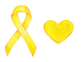 Watercolor yellow ribbon and heart. Symbol of Childhood Cancer Awareness Month. Hand drawed watercolor illustration isolated on tranparent.