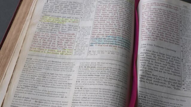 The passage John 3:16 of the new testament of the bible. Highlighted in blue, close up view.
