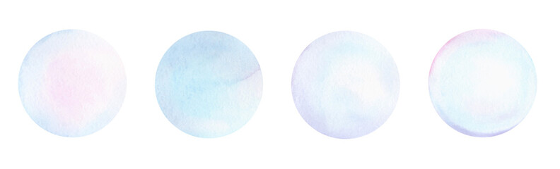 A set of watercolor circles in pastel, gentle shades of blue and pink. Drawn by hand. Element for template, design and decoration. Textural, abstract, light spots.