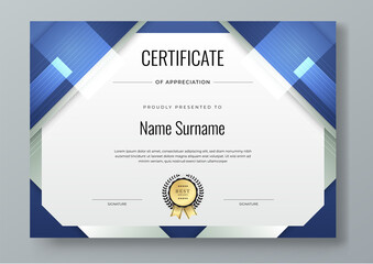 Abstract white blue geometric certificate template. Modern certificate with badges. For award,...