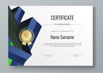 Abstract white blue geometric certificate template. Modern certificate with badges. For award, business, and education needs. Diploma vector template