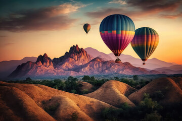 Fototapeta na wymiar Colorful hot air balloons flying over mountain at sunset. (ai generated)