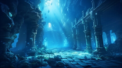 atlantis underwater scene, magic blue ocean with ancient temple ruins, deep blue sea with mysterious lights, generative ai