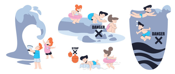 Little Children Swimming in Sea in Dangerous Situation with Big Wave Vector Set
