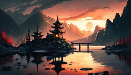Digital painting fantasy painting of a chinese temple at sunset, digital illustration, illustration painting (ai generated)