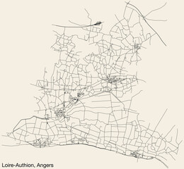 Detailed hand-drawn navigational urban street roads map of the LOIRE-AUTHION COMMUNE of the French city of ANGERS, France with vivid road lines and name tag on solid background