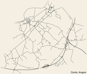Detailed hand-drawn navigational urban street roads map of the CORZÉ COMMUNE of the French city of ANGERS, France with vivid road lines and name tag on solid background