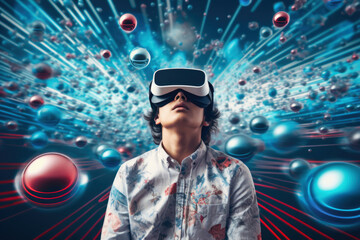 A fictional young man  wearing a virtual reality headset, on an abstract background. Concept of metaverse, technology and innovation.