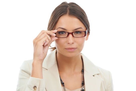 Smart, glasses and portrait of business woman with intelligent idea isolated in a transparent or png background. Focus, vision and corporate employee with professional spectacles or optometry eyewear