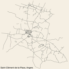 Obraz premium Detailed hand-drawn navigational urban street roads map of the SAINT-CLÉMENT-DE-LA-PLACE COMMUNE of the French city of ANGERS, France with vivid road lines and name tag on solid background