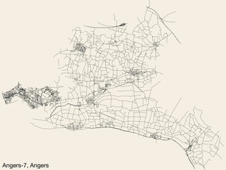 Detailed hand-drawn navigational urban street roads map of the ANGERS-7 CANTON of the French city of ANGERS, France with vivid road lines and name tag on solid background