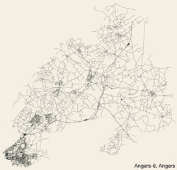 Fototapeta na wymiar Detailed hand-drawn navigational urban street roads map of the ANGERS-6 CANTON of the French city of ANGERS, France with vivid road lines and name tag on solid background
