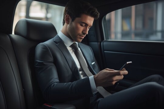 businessman in car with mobile phone