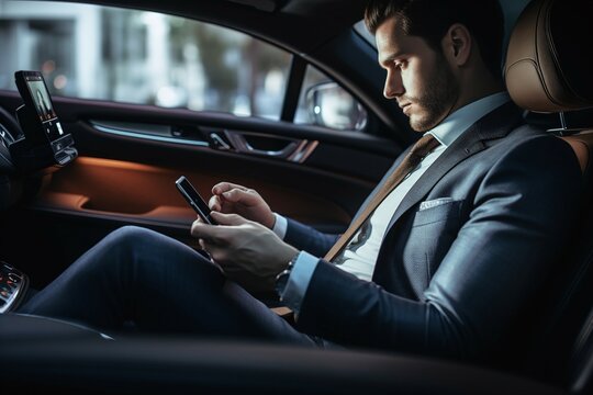 businessman using phone in car