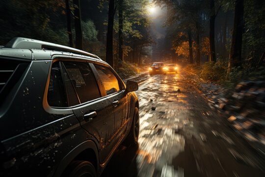 A SUV rushes at high speed through the streets of the night