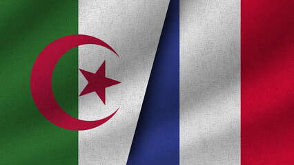 France and Algeria Realistic Two Flags Together, 3D Illustration
