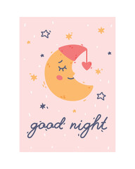 Cute Pink Kids Poster and Nursery Print Design with Crescent Vector Illustration