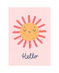 Cute Pink Kids Poster and Nursery Print Design with Sun Vector Illustration