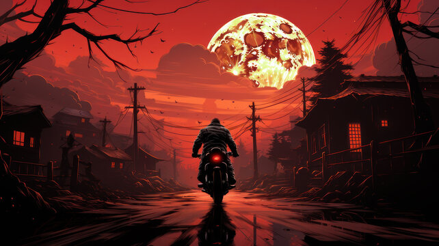 biker on a motorcycle rides off into the sunset
