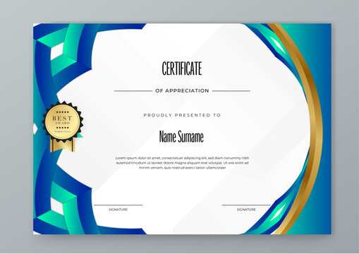 modern white and blue certificate of completion template with vibrant bold color abstract graphic background