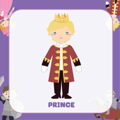 Vector fairy tale kingdom flashcard of handsome prince in coronation suit. Medieval fairytale prince character. Vector outline fantasy monarch kingdom.