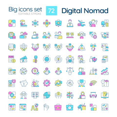 Digital nomad RGB color big icons set. Distance work. Work from anywhere. Generation z. Modern technology. Isolated vector illustrations. Simple filled line drawings collection. Editable stroke