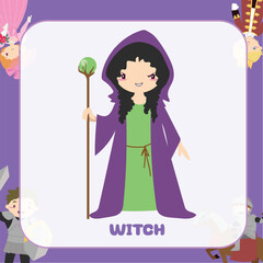Vector fairy tale kingdom flashcard of an evil witch in a cloak holding a wand. Medieval fairytale an evil witch cartoon character. Vector outline fantasy monarch kingdom.