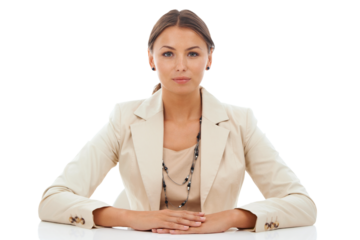 Portrait, office desk and confident business woman, consultant or receptionist ready for corporate work. Admin career, secretary job and professional person isolated on a transparent, png background