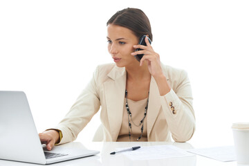 Phone call, laptop and research with business woman on png for negotiation, planning and communication. Networking, technology and conversation with female employee isolated on transparent background