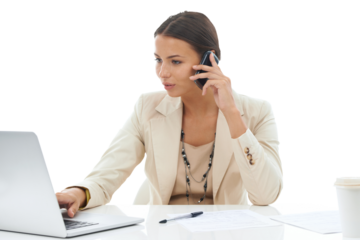 Phone call, laptop and research with business woman on png for negotiation, planning and communication. Networking, technology and conversation with female employee isolated on transparent background