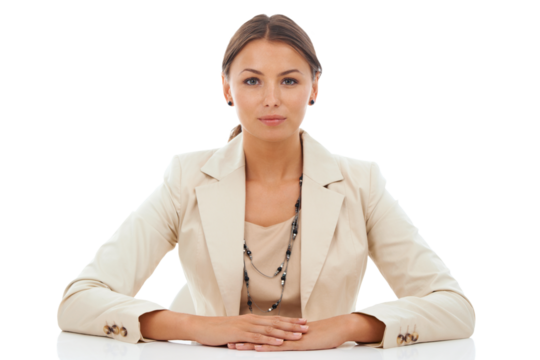 Portrait, office desk and confident business woman, consultant or receptionist ready for corporate work. Admin career, secretary job and professional person isolated on a transparent, png background