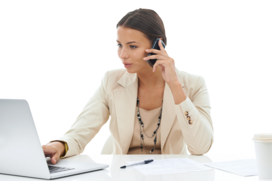 Phone call, laptop and research with business woman on png for negotiation, planning and communication. Networking, technology and conversation with female employee isolated on transparent background - Powered by Adobe