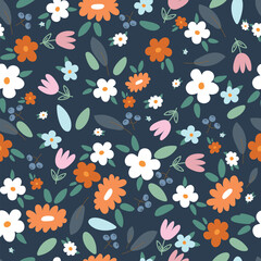 Seamless pattern with cute colorful flowers, berries end leaves on dark background. Vector illustration.