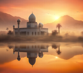Obraz premium mosque in sunset and sunrise in the desert, created using generative AI tools 