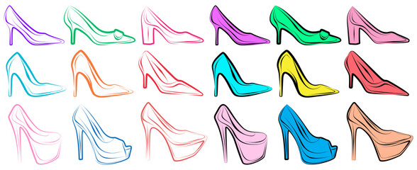 Fototapeta na wymiar Set collections high heels line art icon. women shoes logo design vector illustration