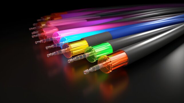 Colorful optical fibers on a black background. Generative AI illustration.