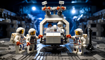 Naklejka premium Studio shot of LEGO minifigure astronuats with computer, science equipment, and rover. Nasa Lego