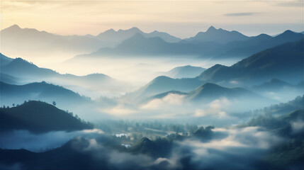 Obraz premium sunrise over the misty mountains at morning, created using generative AI tools