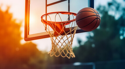 Basketball ball and basket on basketball court with sunset light background. Generative AI
