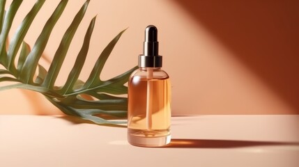 cosmetic bottle with pipette on beige background with palm leaf, Generative AI