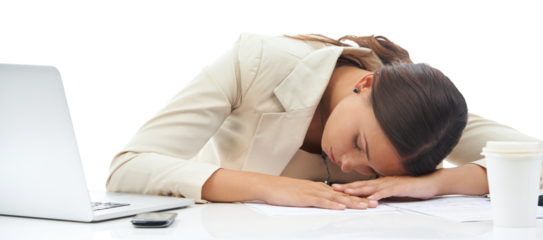 Tired, business and woman sleeping at desk with burnout, stress problem and low energy isolated on transparent png background. Fatigue, lazy and nap of sad female employee with bad time management